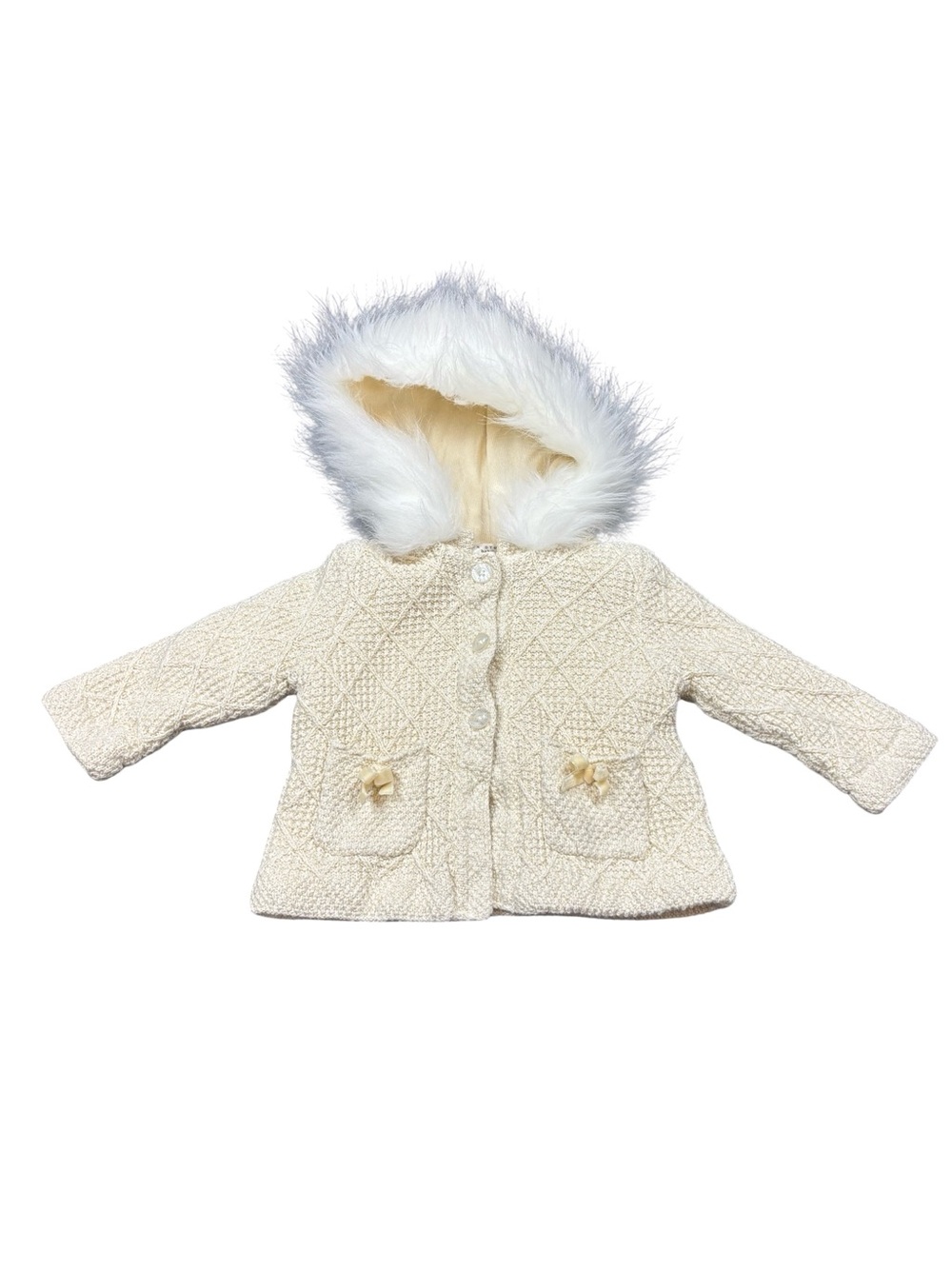 Max Studio Baby Ivory Faux Fur Hooded Sweater Coat 3-6M